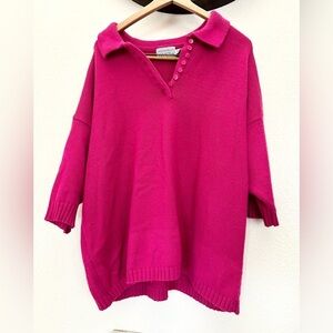 Venezia Sportswear Sweater Fushia Pink Oversized, Collar 3/4 Sleeve One Sz vneck